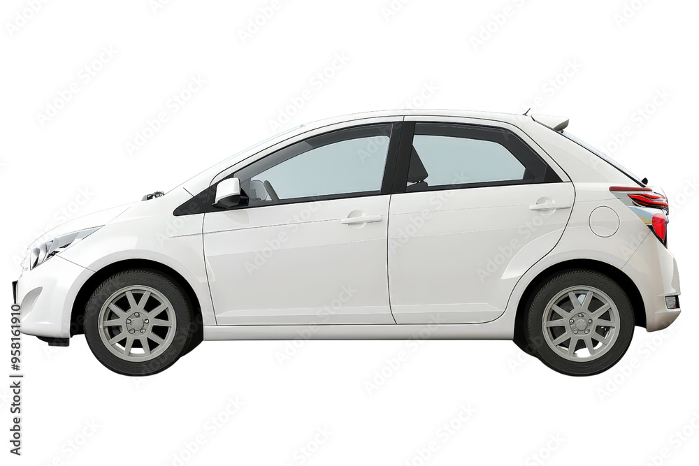 A compact hatchback car isolated on a white background, highlighting its urban-friendly design and efficient size. A compact hatchback car isolated on a white background, highlighting its urban-friendly design and efficient size.