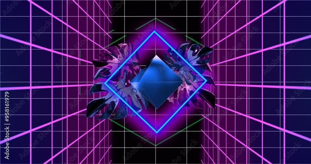Geometric shapes and neon grid animation creating futuristic digital tunnel effect