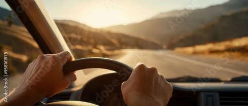 Highway POV through the windshield, dynamic sense of motion, blurred road and landscape, capturing the essence of a road trip