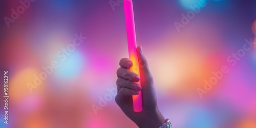 Long, glowing orange stick held in hand surrounded by colorful l