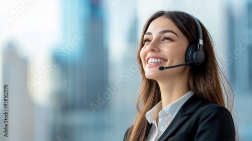 Cheerful female tech support agent with a headset, urban skyline as a backdrop, bright and detailed, symbolizing high-quality customer service