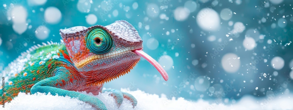 A vibrant chameleon perched atop a mound of snow, extended tongue out A vibrant chameleon perched atop a mound of snow, extended tongue out