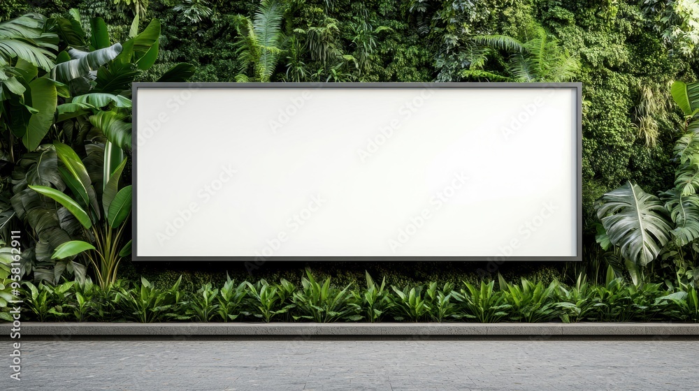 Fototapeta premium Blank billboard on a speckled concrete surface, lush green foliage and stairway behind, versatile space for advertising in an urban natural setting