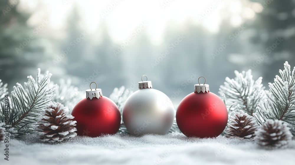 Red Christmas balls on snow-covered ground Red Christmas balls on snow-covered ground
