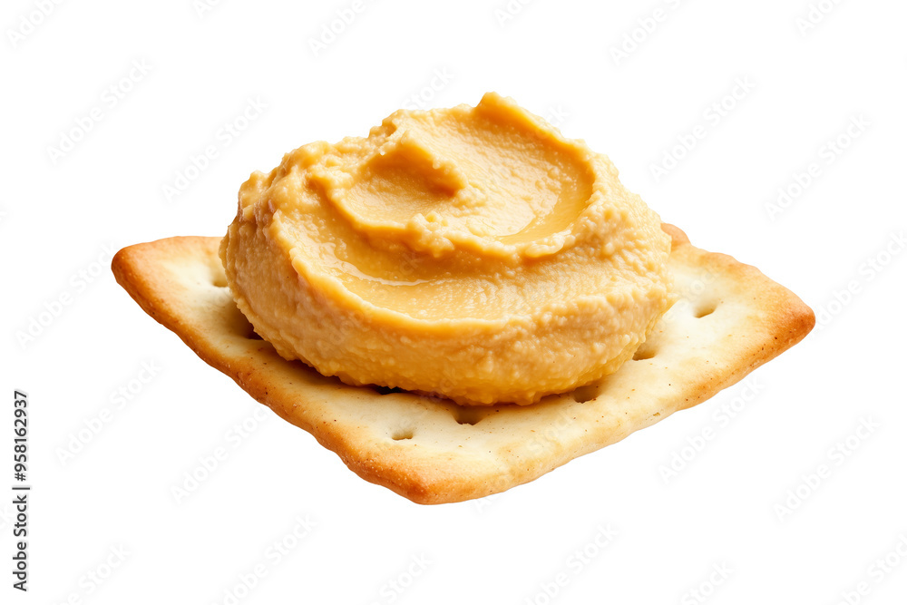 Creamy hummus garnished with herbs and olive oil on a square cracker isolated on a white transparent background. Concept of healthy snack or appetizer Creamy hummus garnished with herbs and olive oil on a square cracker isolated on a white transparent background. Concept of healthy snack or appetizer