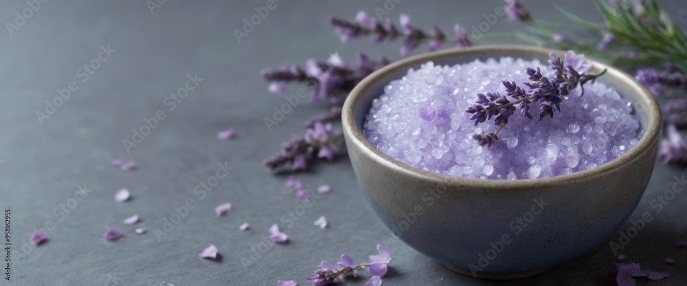 Blue ceramic bowl with lavender bath salts on dark grey textured Blue ceramic bowl with lavender bath salts on dark grey textured