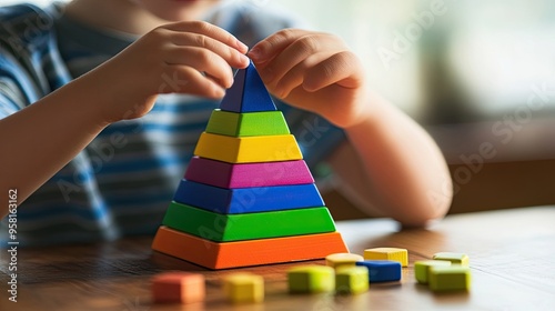 Child playing with a toy pyramid indoors, closeup shot of ABA therapy concept, isolated with white highlights to emphasize developmental milestones. photo