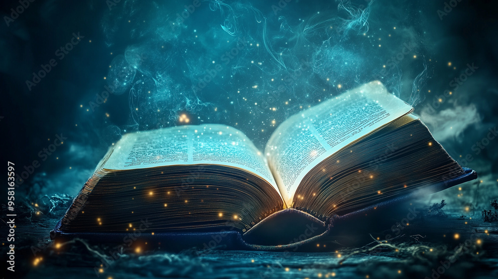 Obraz premium Książka pełna magicznych historii, z okładką ozdobioną mistycznymi wzorami i symbolami. Wnętrze książki rozświetlają niesamowite, animowane opowieści