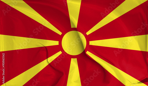 An up close view of North Macedonia flag flying textures photo