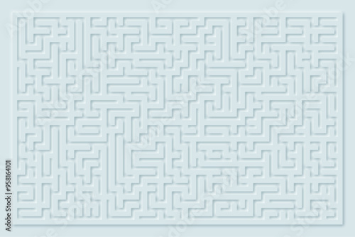 An abstract, white neomorphic labyrinth fills the square background, offering a complex maze pattern that embodies the concepts of search, strategy, and solution in a creative way