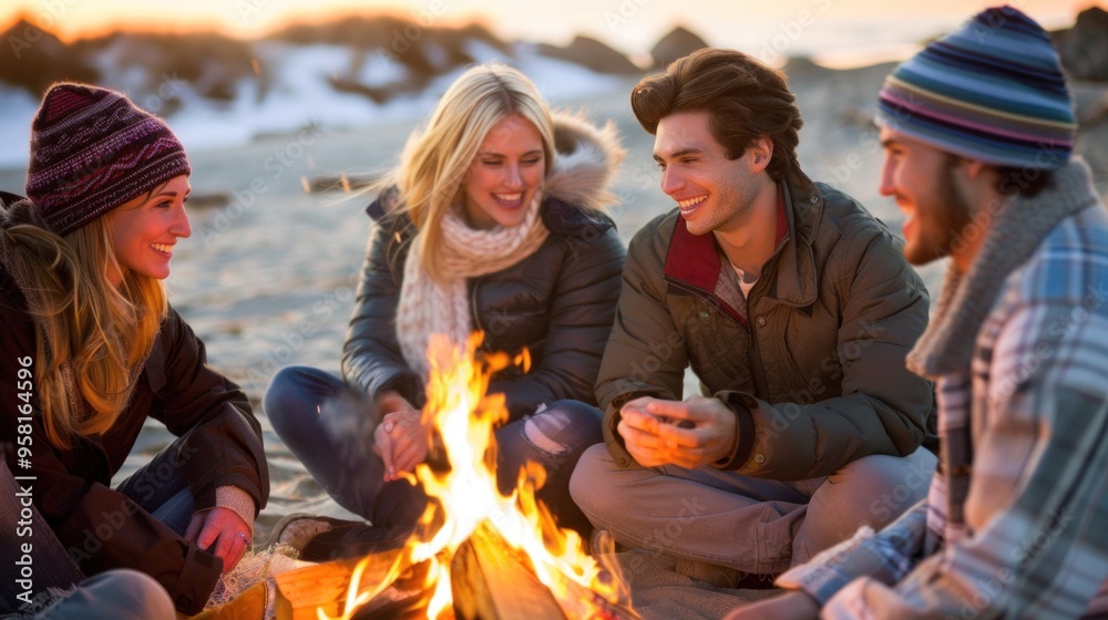 A group of four friends sits around a warm bonfire on the beach, smiling and engaging in conversation as the sun sets behind them, creating a vibrant sky A group of four friends sits around a warm bonfire on the beach, smiling and engaging in conversation as the sun sets behind them, creating a vibrant sky