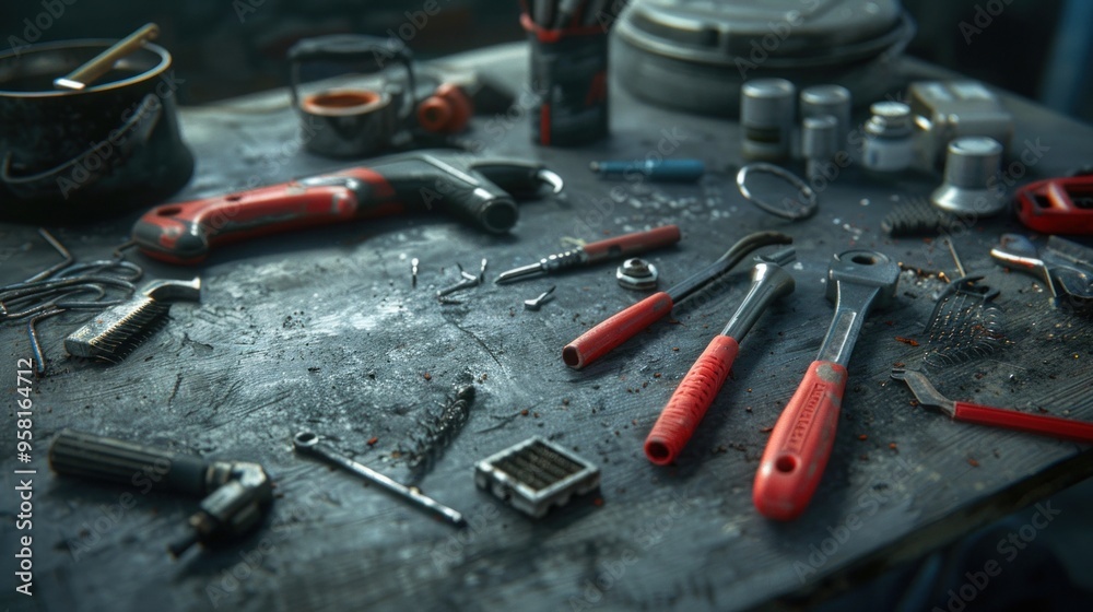Fototapeta premium A variety of hand tools, including wrenches, pliers, and screwdrivers, is spread across a workbench