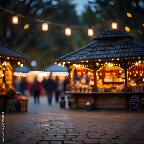 Abstract blur image of a cozy Christmas market stall adorned with warm lights and holiday decorations with bokeh for background usage