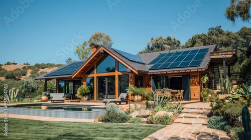 A modern home with solar panels on the roof, a swimming pool, and landscaping.