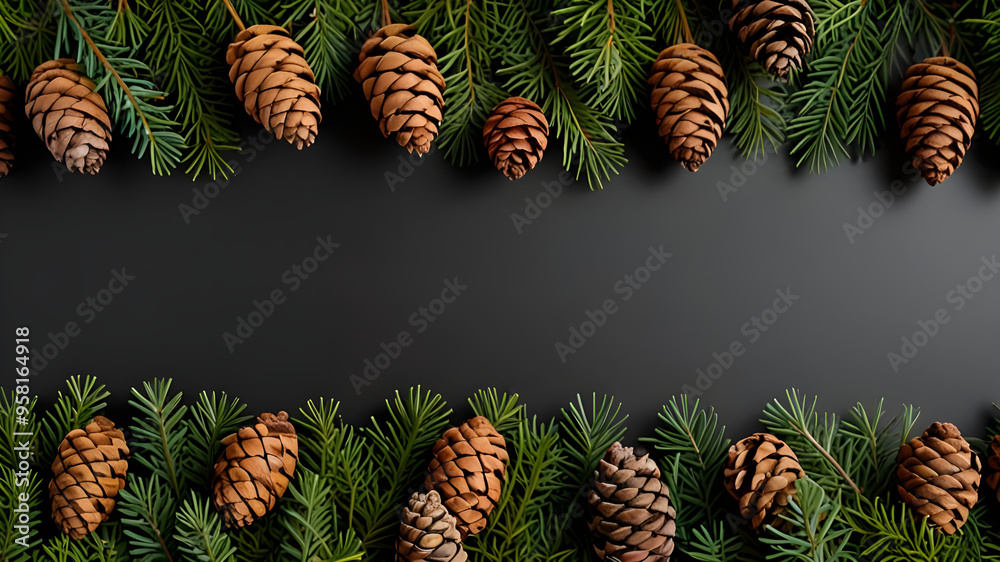 Overhead view on spruce and thuja branches with cones, Christmas background Overhead view on spruce and thuja branches with cones, Christmas background