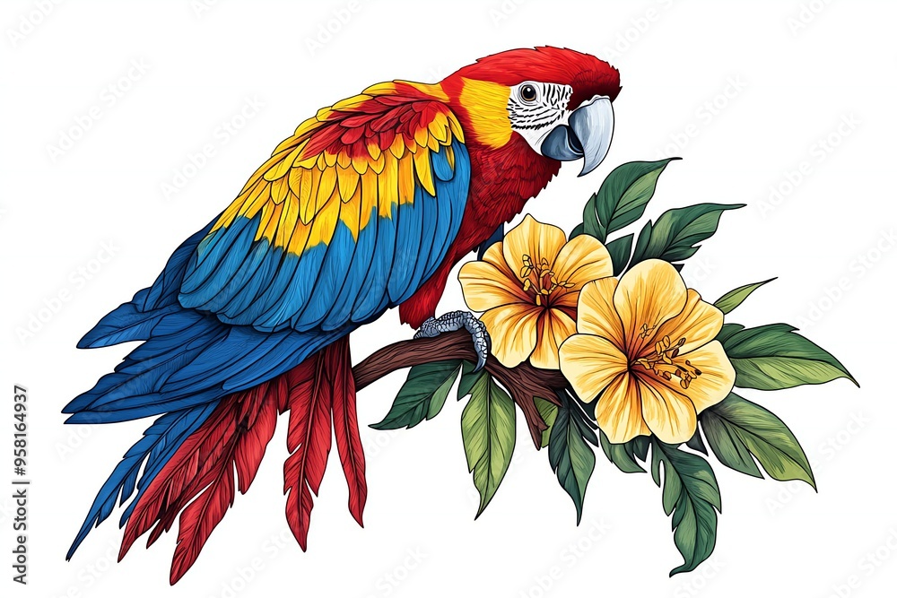 Fototapeta premium Colorful Parrot on Tree Branch with Flowers, Vibrant Tropical Nature, Exotic Birds, Birds on Branch, Parrot Art, Bright Colorful Feathers, Beautiful Wildlife, new beautiful stock image illustration AI
