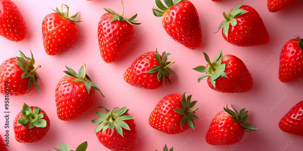 Photography of Close-up Realistic of Fresh Sweet Strawberries with Waterdrops, Full Frame on Pink Background. Front View Strawberry Fruits with Leaves and Waterdrops. Photography of Close-up Realistic of Fresh Sweet Strawberries with Waterdrops, Full Frame on Pink Background. Front View Strawberry Fruits with Leaves and Waterdrops.
