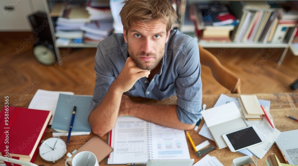 A thoughtful young man sits at a disorganized desk filled with books, papers, a clock, and a coffee cup, concentrating on his work in a cozy home office