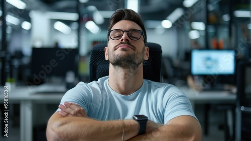 A young man sits back comfortably in an office chair with arms crossed, reflecting on his thoughts while surrounded by a bustling open-plan workspace, filled with computers and colleagues