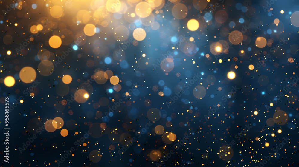 bstract background with Dark blue and gold particle. Christmas Golden light shine particles bokeh on navy blue background. Gold foil texture. Holiday concept.