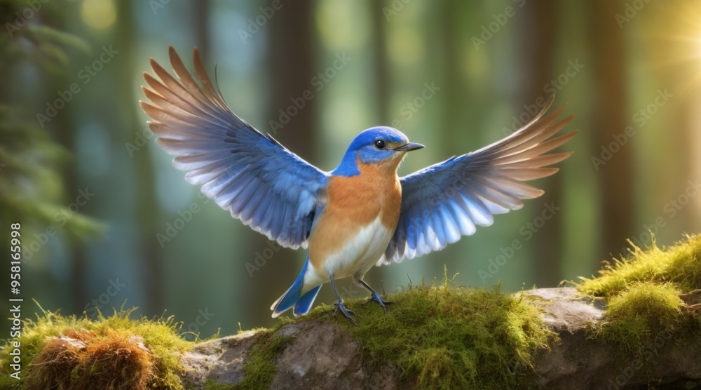 Fototapeta premium Bluebird perched on moss-covered rock in forest with wings sprea