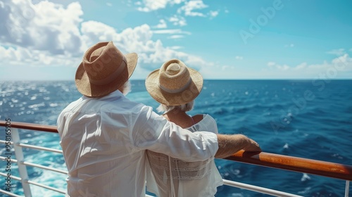 Elderly couple on cruise ship vacation, wearing hats and white , looking at the sea from deck of luxury liner, sunny day with blue sky, summer travel concept