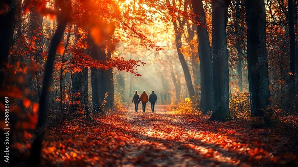 Fototapeta premium Hikers in the forest, autumn forest