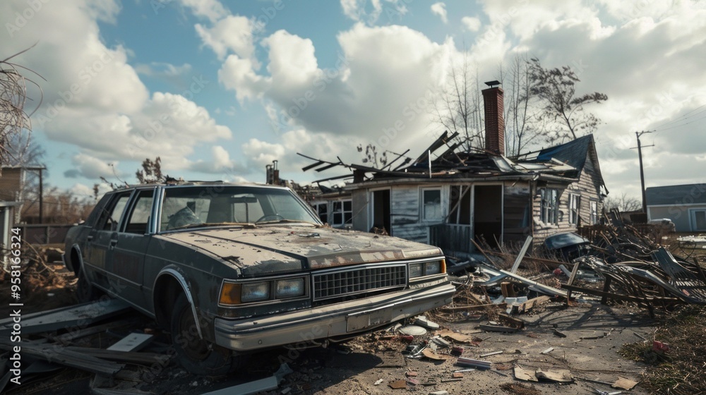 An old, rusted car rests beside a dilapidated house, surrounded by debris. The scene captures the aftermath of a powerful storm, with dark clouds casting shadows over the deserted neighborhood An old, rusted car rests beside a dilapidated house, surrounded by debris. The scene captures the aftermath of a powerful storm, with dark clouds casting shadows over the deserted neighborhood