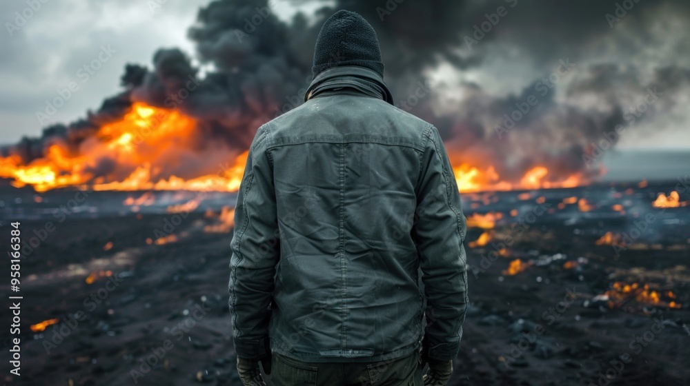 A figure in a dark jacket stands gazing at a large fire engulfing the landscape, surrounded by dark smoke and a foreboding atmosphere, signaling a dire emergency A figure in a dark jacket stands gazing at a large fire engulfing the landscape, surrounded by dark smoke and a foreboding atmosphere, signaling a dire emergency