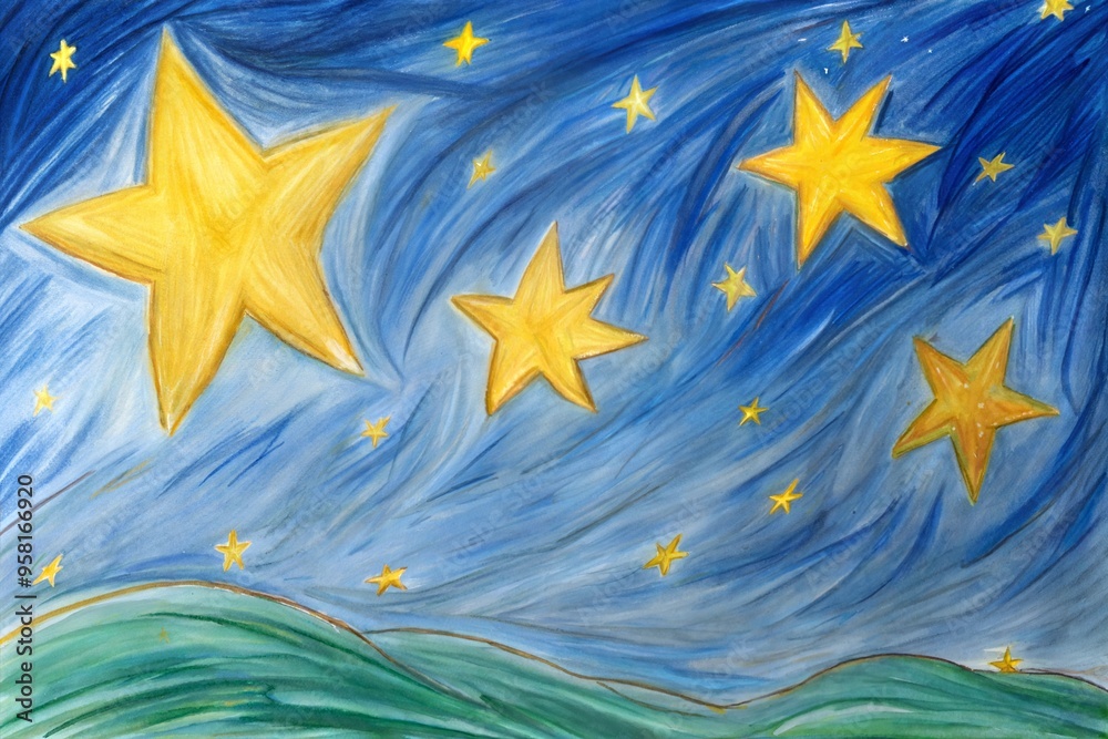 Hand-Drawn Stars in Night Sky, Colorful Child's Illustration Hand-Drawn Stars in Night Sky, Colorful Child's Illustration