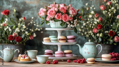 Wallpaper Mural Afternoon tea with British afternoon tea with macaroons and scone,cake,English style tea,tea pot and cake stand full of different kind of profiteroles and eclairs,Tea time dessert table. Torontodigital.ca