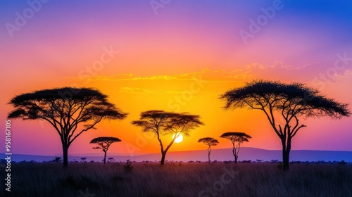 Silhouette of Trees Against a Colorful Sunset in the Savanna