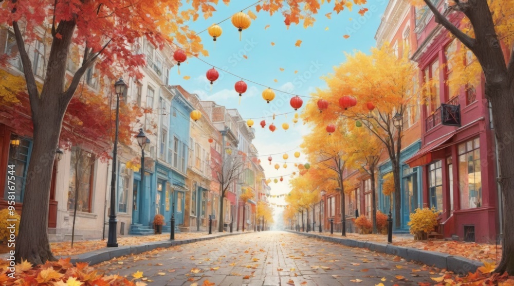 Fototapeta premium Autumn Street Scene: Colorful Buildings, Shops, and Trees with L