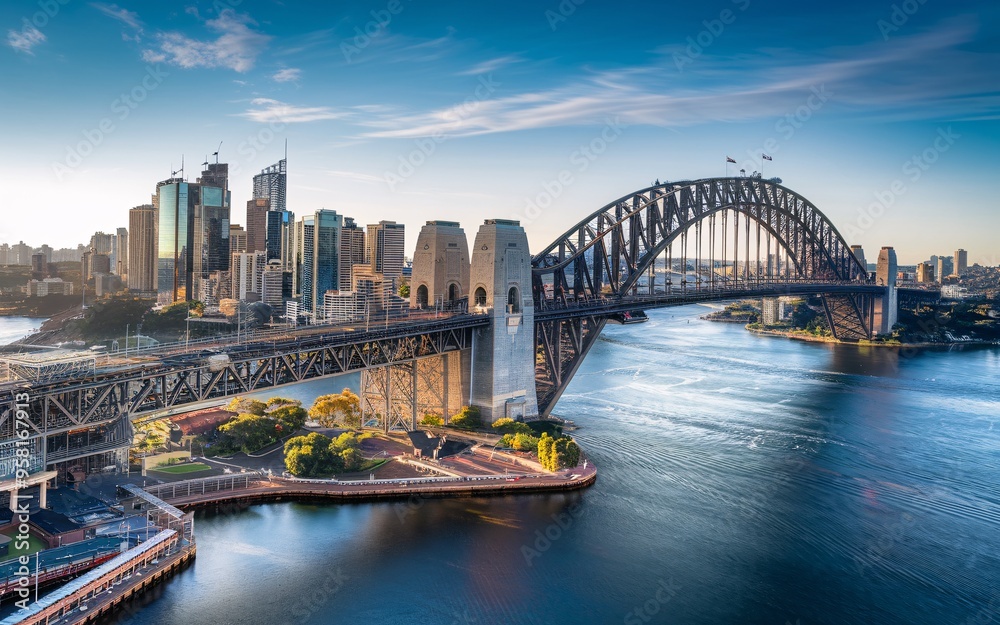 Naklejka premium Aerial View of Sydney Harbour Bridge: Dynamic Cityscape Background