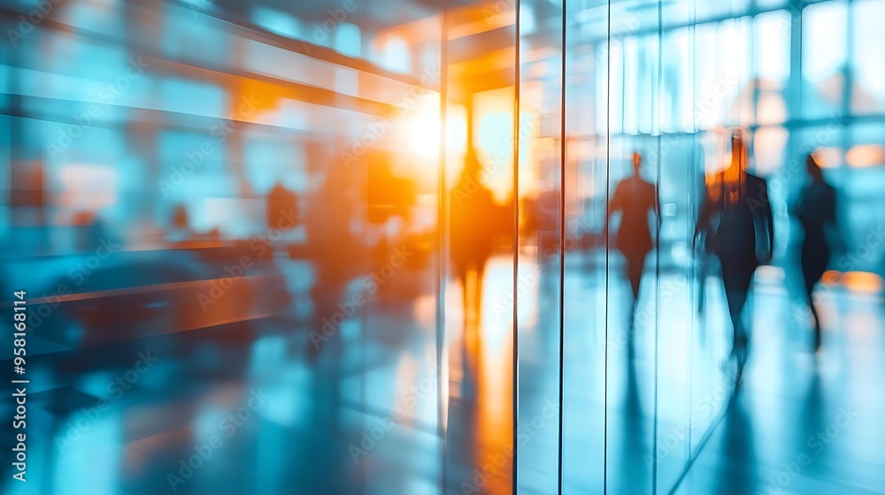 Blurred Silhouettes of People Walking Through Glass Doors in a Modern Office Building - Photo Blurred Silhouettes of People Walking Through Glass Doors in a Modern Office Building - Photo