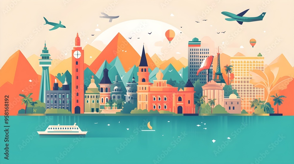 Fototapeta premium A flat design of a travel brochure with icons for transportation and accommodation