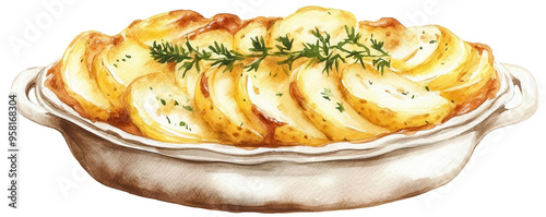 Delicious baked potato gratin casserole garnished with herbs in an oval dish, ready to serve, perfect for cozy family dinners or gatherings.