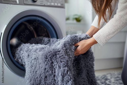 Female Hands Loading Plush Gray Blanket into Washing Machine