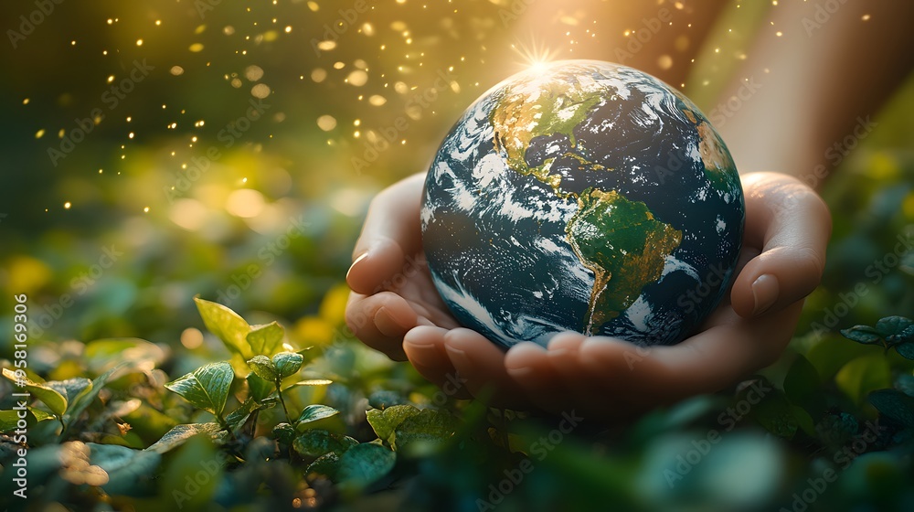 Earth held gently by two human hands made of leaves, representing the concept of nurturing and protecting the planet. The background is filled with soft green hues Earth held gently by two human hands made of leaves, representing the concept of nurturing and protecting the planet. The background is filled with soft green hues
