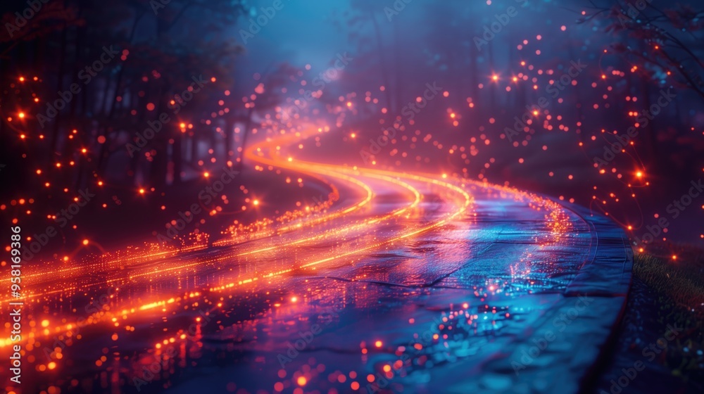 Fototapeta premium Enchanted Twilight Road with Glowing Orange Trails through Forest