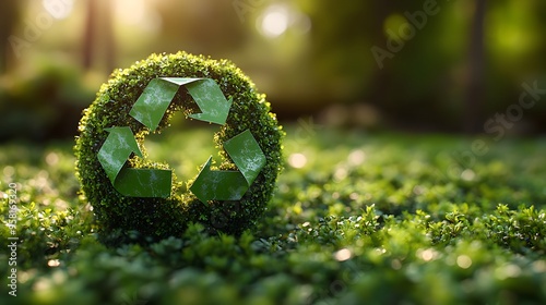 globe with recycling arrows encircling it, placed on a fresh green background with subtle textures of foliage. This image emphasizes the idea of global recycling photo