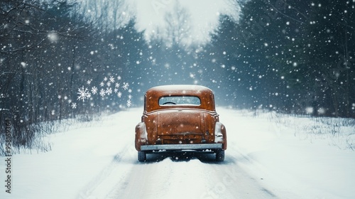 Rust car making its way down a snow covered road, snowflakes dancing around the car