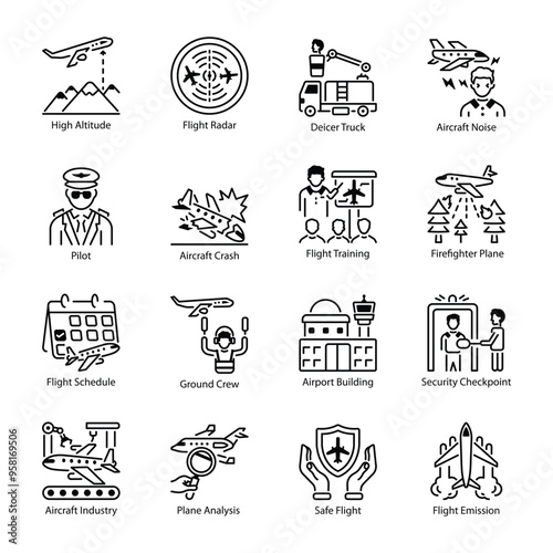 Set of Flight Linear Style Icons 