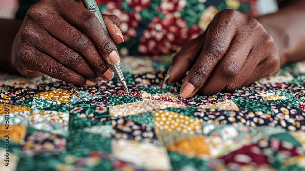 Close-up of hands meticulously sewing a colorful quilt, showcasing craftsmanship and attention to detail in textile art. Close-up of hands meticulously sewing a colorful quilt, showcasing craftsmanship and attention to detail in textile art.