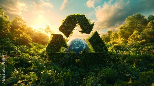 large recycling symbol made of green leaves, with Earth in the center, set against a backdrop of a bright blue sky with soft, white clouds, representing environmental care photo