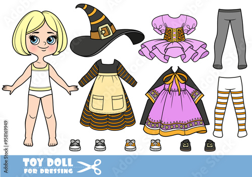 Cartoon blond girl with short bob and clothes separately - Halloween witch costume