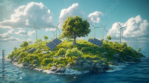 green globe with wind turbines and solar panels around it, symbolizing clean energy. The background features a vivid blue sky with a few floating clouds. photo