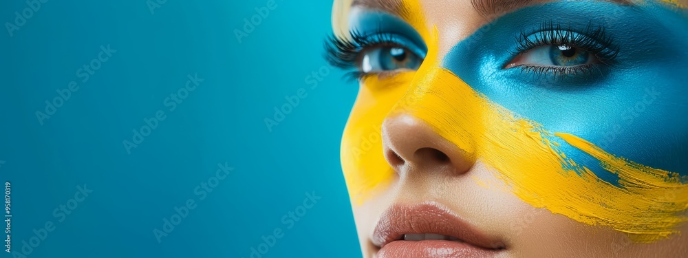 A woman is painted with bright blue and yellow hues on her face A woman is painted with bright blue and yellow hues on her face