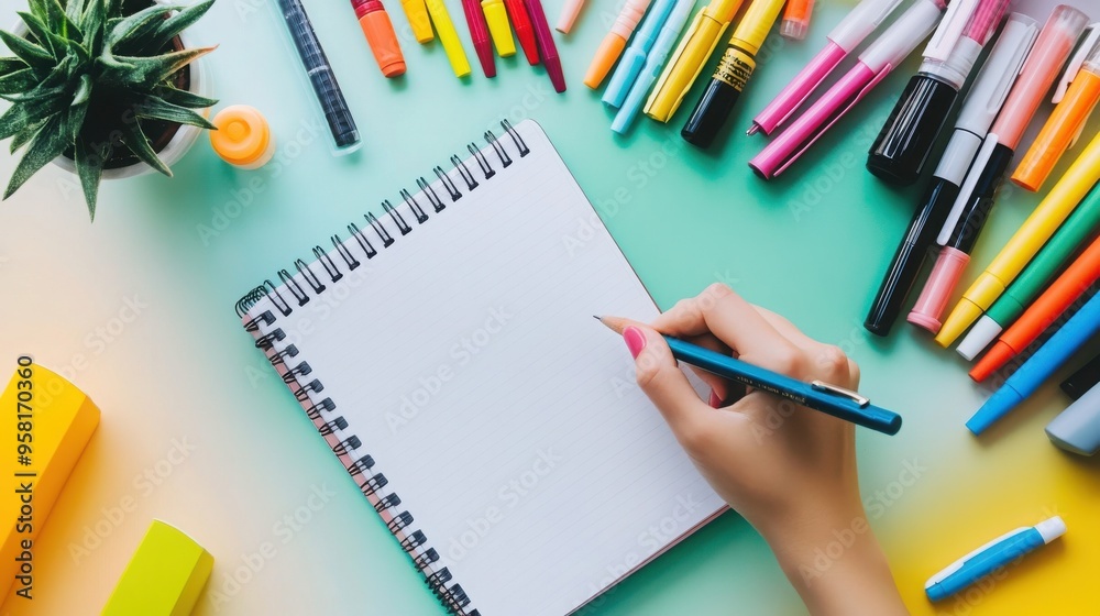 person writing in a notebook surrounded by colorful pens and stationery items person writing in a notebook surrounded by colorful pens and stationery items