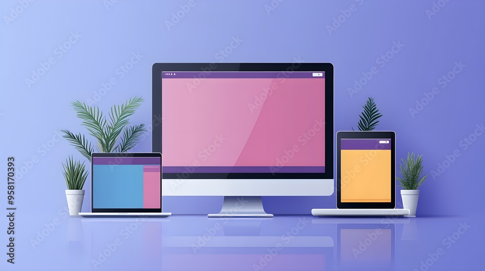 Flat design of a responsive website header that maintains visual impact across devices Flat design of a responsive website header that maintains visual impact across devices
